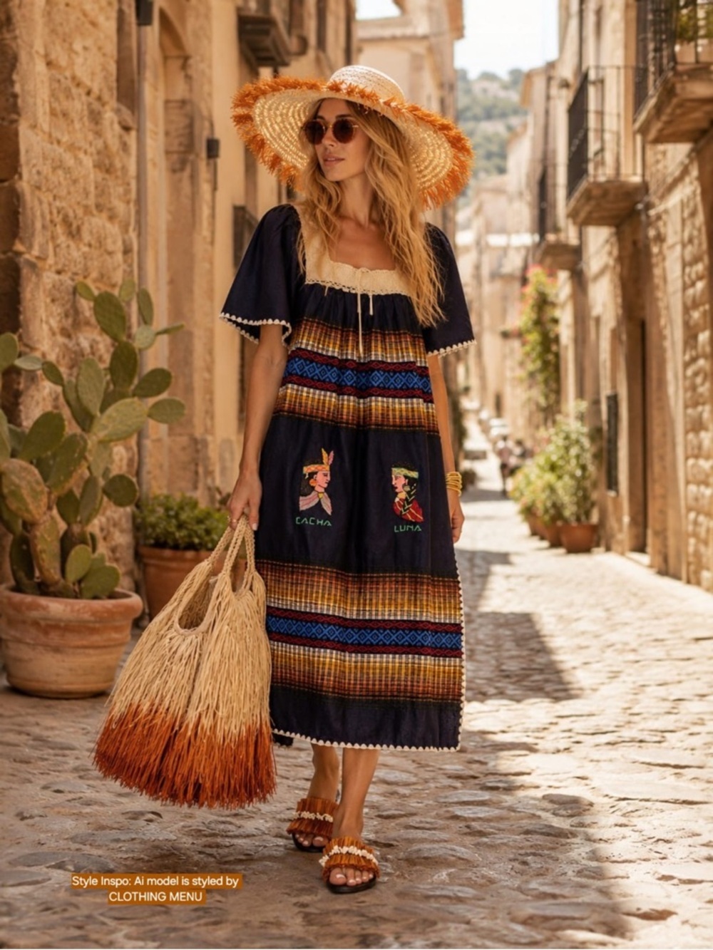 Artisanal Ecuadorian Mid-Calf Blue Dress | Boho Embroidery Traditional Style M/L